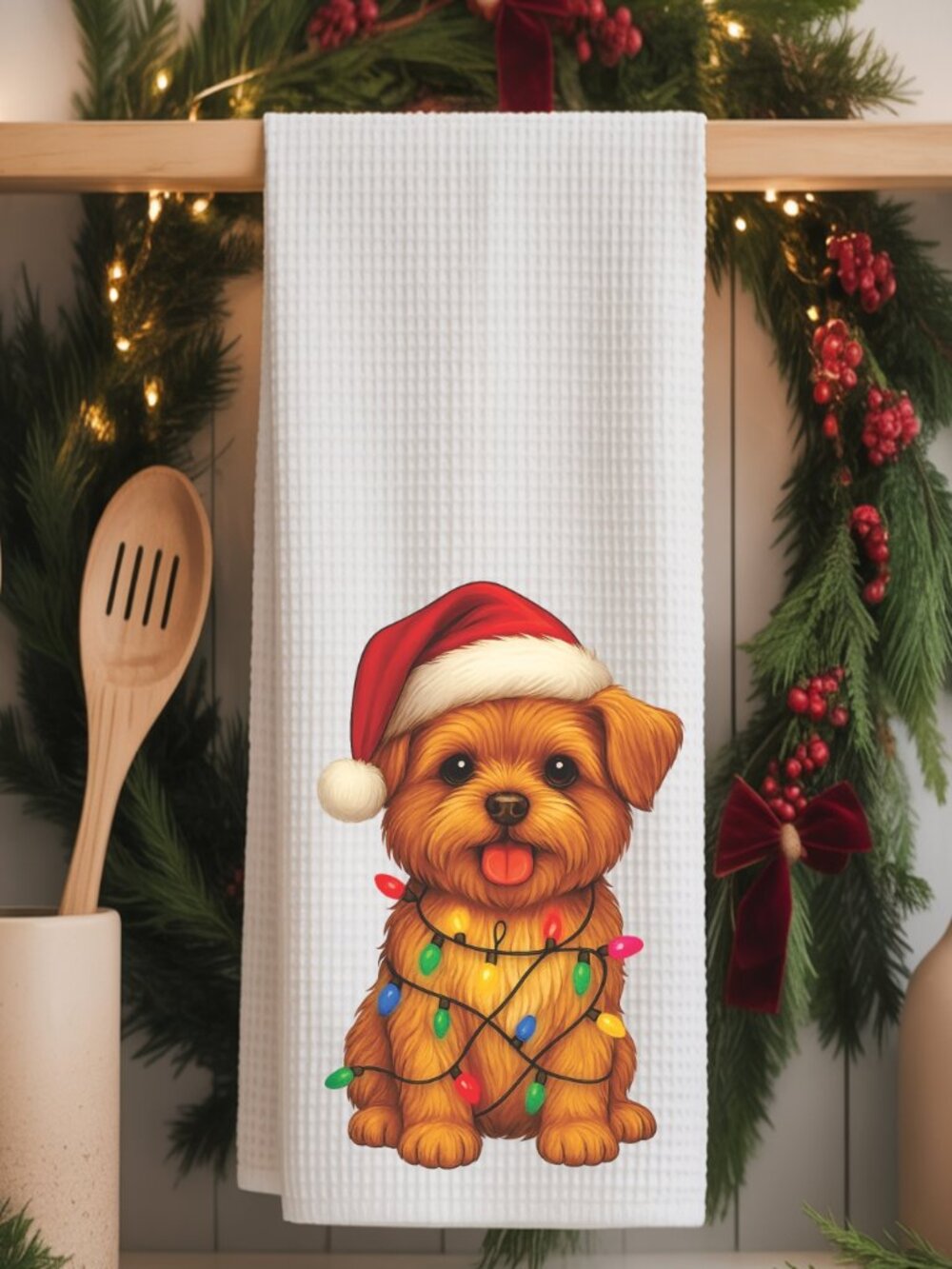 Norfolk Terrier Christmas Decorative Kitchen Tea Towel